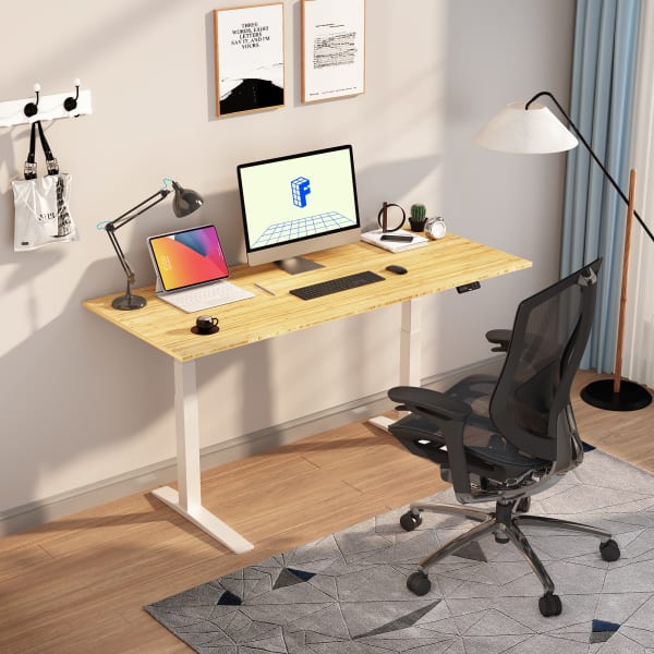 FlexiSpot E7 Pro Electric 72inW Adjustable Height Standing Desk, White/Bamboo
