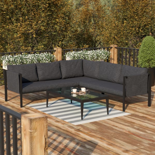Flash Furniture Lea Steel Indoor/Outdoor Furniture Sectional With Cushions, 26-1/2inH x 85-1/4inW x 85-1/4inD, Charcoal/Black