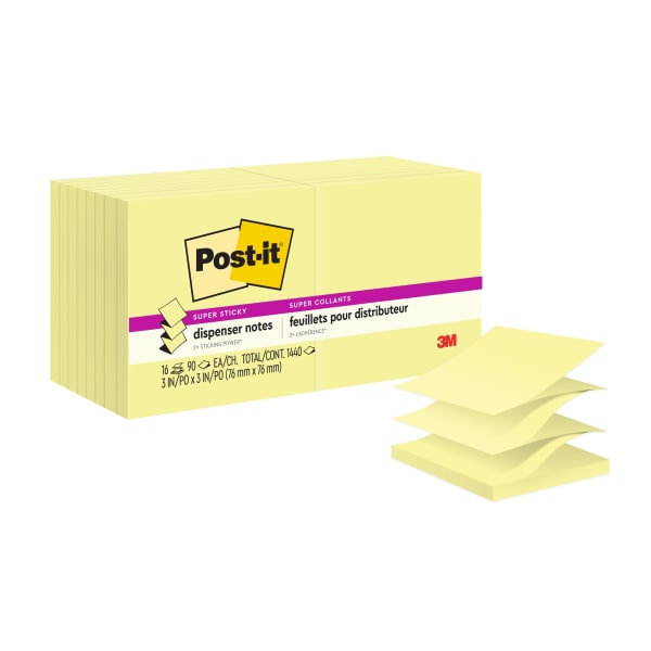 Post-it Super Sticky Pop-Up Notes, 16 Pads, 3 in x 3 in, 2x the Sticking Power, School Supplies and Office Products, Sticky Notes for Vertical Surfaces, Monitors, Walls and Windows, Canary Yellow