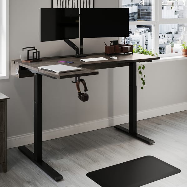 Realspace Koru Electric 59inW L-Shaped Height-Adjustable Standing Desk with Integrated Power & Charging, Espresso Oak