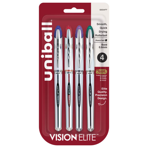 uni-ball Vision Elite Liquid Ink Rollerball Pens, Bold Point, 0.8 mm, White Barrel, Assorted Ink Colors, Pack Of 4