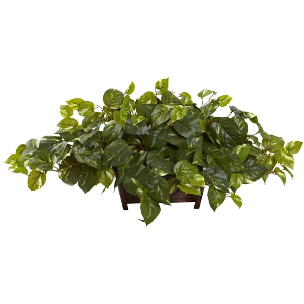 Nearly Natural Pothos 16inH Artificial Plant With Rectangle Decorative Planter, 16inH x 36inW x 14inD, Green