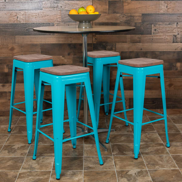 Flash Furniture 30in High Metal Indoor Bar Stool with Wood Seat - Stackable Set of 4, Teal