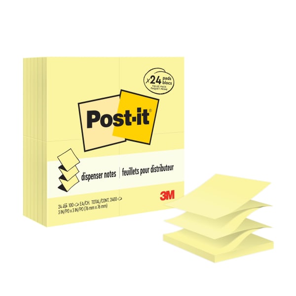 Post-it Pop Up Notes, 24 Pads, 3 in x 3 in, Clean Removal, School Supplies and Office Products, Sticky Notes for Vertical Surfaces, Monitors, Walls and Windows, Canary Yellow