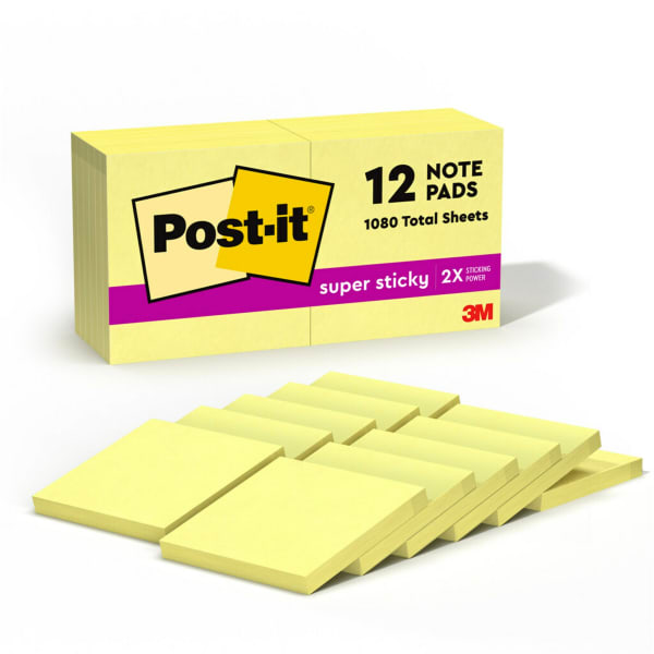 Post-it Super Sticky Notes, 12 Pads, 3 in x 3 in, 2x the Sticking Power, School Supplies and Office Products, Sticky Notes for Vertical Surfaces, Monitors, Walls and Windows, Canary Yellow