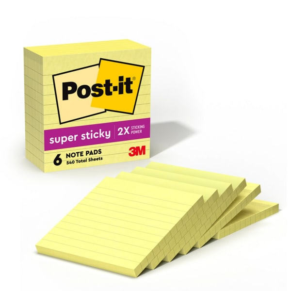 Post-it Super Sticky Notes, 6 Pads, 4 in x 4 in, 2x the Sticking Power, School Supplies and Office Products, Sticky Notes for Vertical Surfaces, Monitors, Walls and Windows, Canary Yellow, Lined