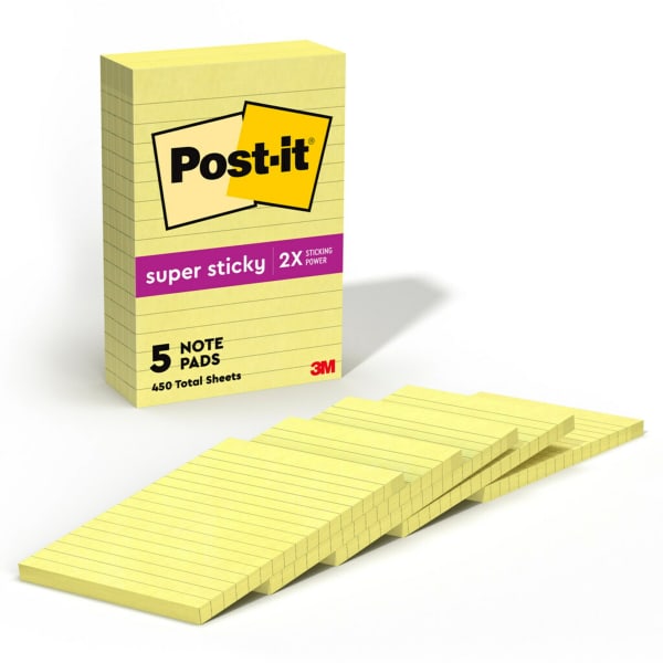 Post-it Super Sticky Notes, 5 Pads, 4 in x 6 in, 2x the Sticking Power, School Supplies and Office Products, Sticky Notes for Vertical Surfaces, Monitors, Walls and Windows, Canary Yellow, Lined
