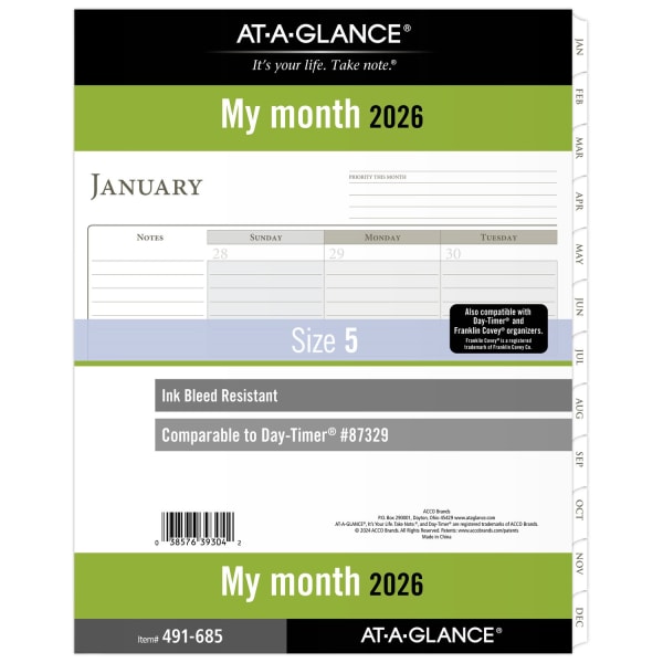 AT-A-GLANCE 2026 Monthly Planner Refill, Loose-Leaf, Folio Size, 8 1/2in x 11in