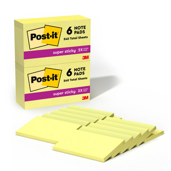 Post-it Super Sticky Notes, 12 Pads, 3 in x 5 in, 2x the Sticking Power, School Supplies and Office Products, Sticky Notes for Vertical Surfaces, Monitors, Walls and Windows, Canary Yellow