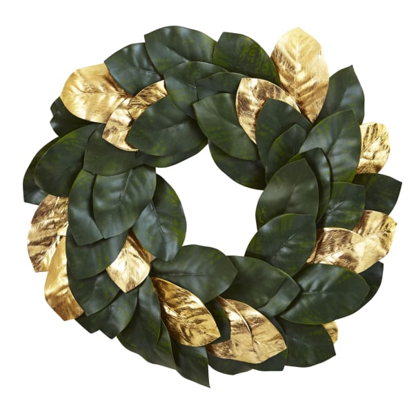 Nearly Natural Polyester Golden Leaf Magnolia Wreath, 22in, Gold/Green