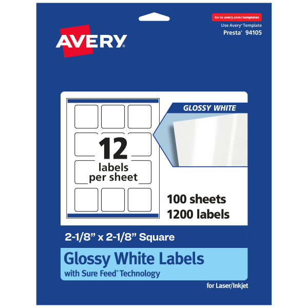 Avery Glossy Permanent Labels With Sure Feed, 94105-WGP100, Square, 2-1/8in x 2-1/8in, White, Pack Of 1,200