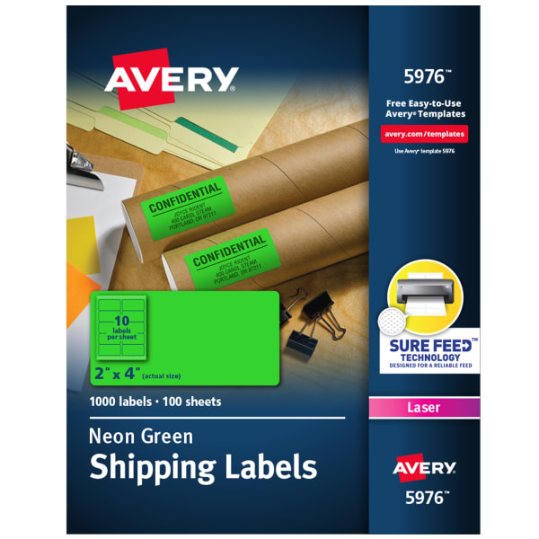 Avery High-Visibility Shipping Labels, AVE5976, 2in x 4in, Neon Green, Box Of 1000
