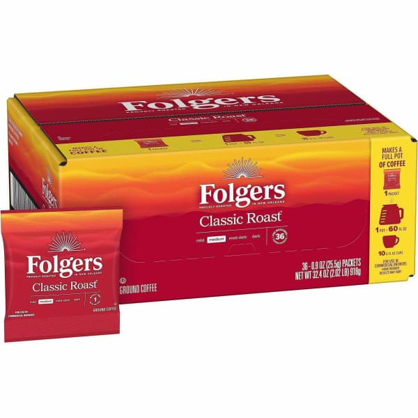 Folgers Single-Serve Coffee Packets, Classic Roast, Carton Of 36
