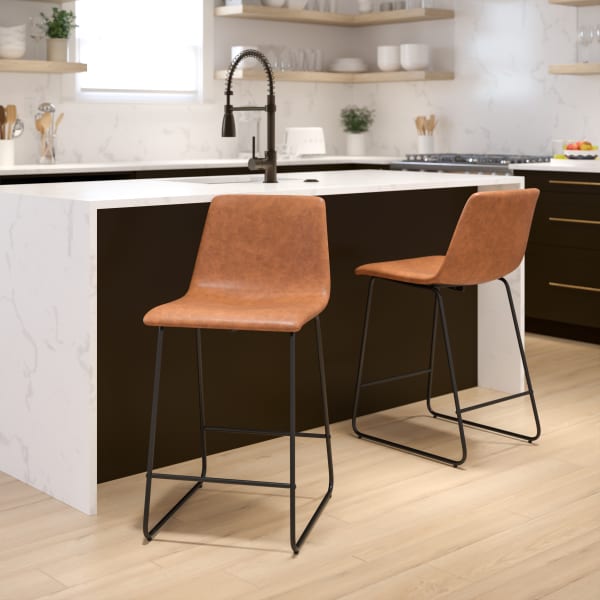 Flash Furniture LeatherSoft Faux Leather Counter-Height Bar Stools, Light Brown, Set Of 2 Stools