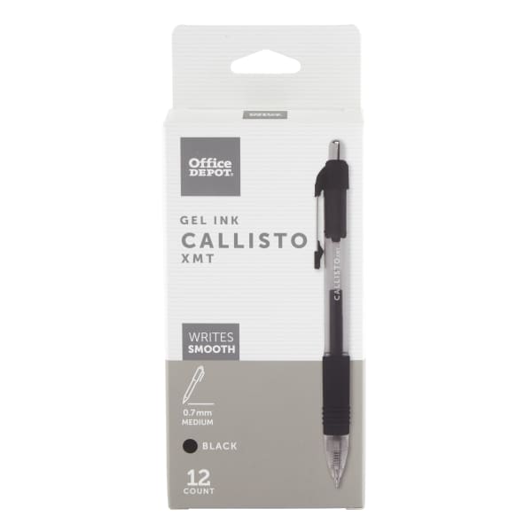 Office Depot Brand Callisto Retractable Gel Ink Pens, Medium Point, 0.7 mm, Transparent Black Barrel, Black Ink, Pack Of 12 Pens
