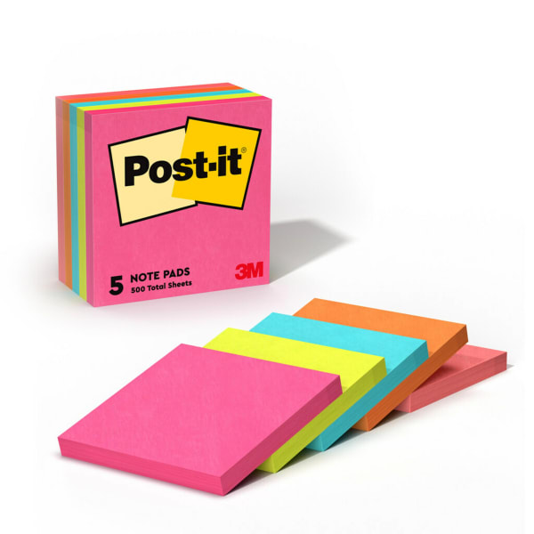 Post-it Notes, 5 Pads, 3 in x 3 in, Clean Removal, School Supplies and Office Products, Sticky Notes for Vertical Surfaces, Monitors, Walls and Windows, Poptimistic Collection