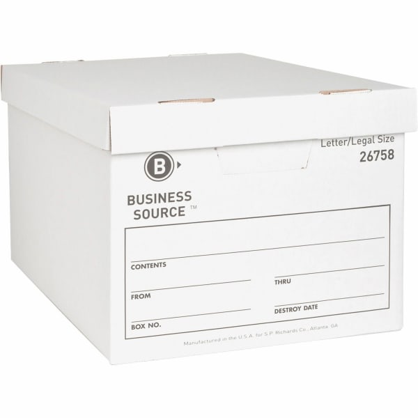 Business Source Medium-Duty Storage Boxes With Lift-Off Lids, Legal/Letter Size, 12in x 15in x 10in, White, Box Of 12