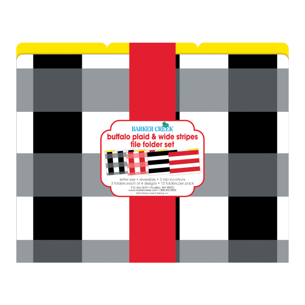 Barker Creek File Folders, Letter Size, Buffalo Plaid/Wide Stripes, Pack Of 12
