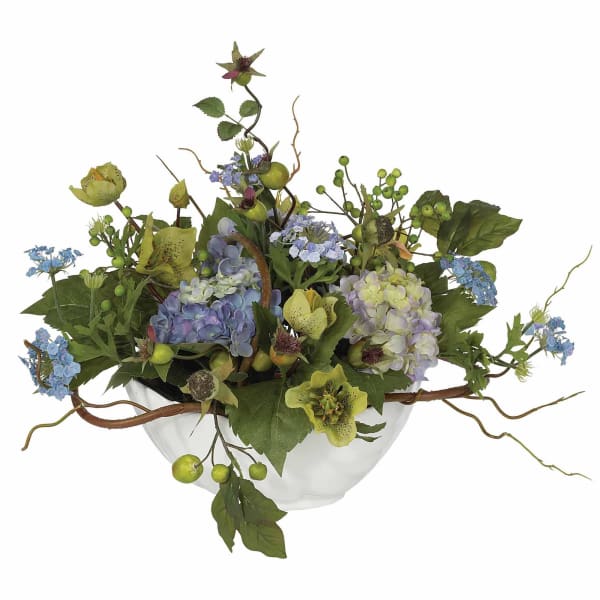 Nearly Natural Hydrangea 14inH Artificial Floral Centerpiece With Planter, 14inH x 20inW x 13inD, Blue