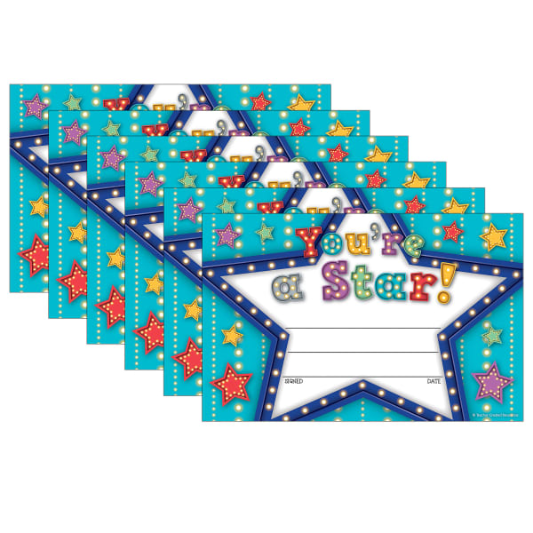 Teacher Created Resources Awards, 8-1/2in x 5-1/2in, Marquee You are a Star, 25 Per Pack, Set Of 6 Packs