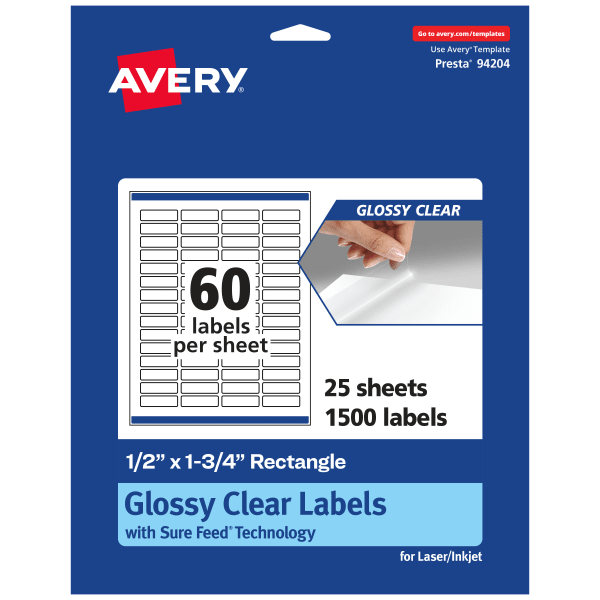 Avery Glossy Permanent Labels With Sure Feed, 94204-CGF25, Rectangle, 1/2in x 1-3/4in, Clear, Pack Of 1,500