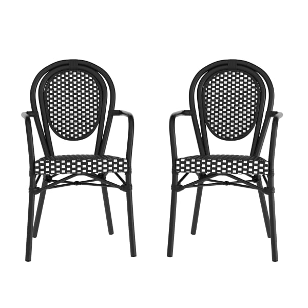 Flash Furniture 2 Pack Lourdes Indoor/Outdoor Commercial Thonet Bistro Stacking Chair with Arms, PE Rattan and Aluminum Frame, Black & White/Black Frame