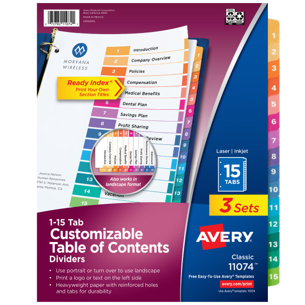 Avery Ready Index 1-15 Tab Binder Dividers With Customizable Table Of Contents, 8-1/2in x 11in, 15 Tab, White/Multicolor, Pack Of 3 Sets