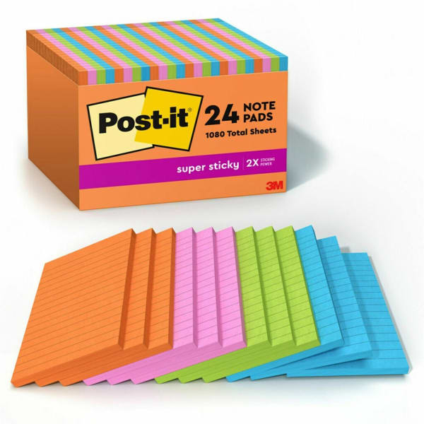 Post-it Super Sticky Notes - Energy Boost Color Collection - 4in Flag/Note Wx6in Flag/Note L - 45 Sheets per Pad - Sticky - 24/Pack - 66024SSAUCP