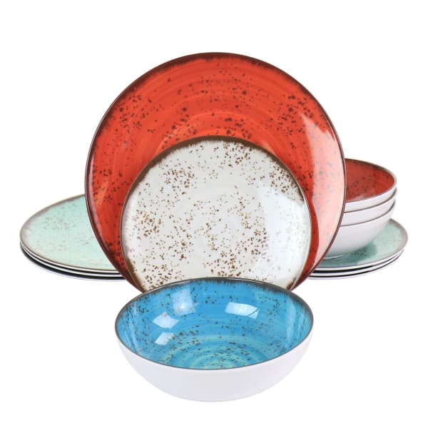 Elama Pryce 12-Piece Melamine Dinnerware Set, Assorted Colors