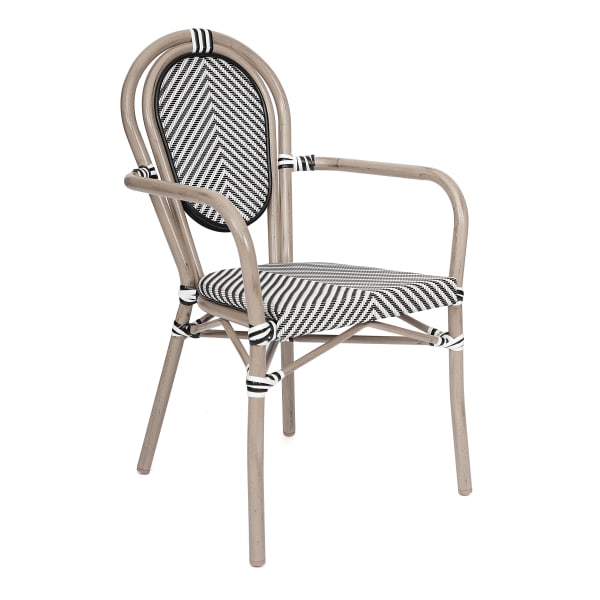 Flash Furniture Marseille Indoor/Outdoor Commercial Thonet Bistro Stacking Chair with Arms, Textilene and Bamboo Print Aluminum Frame, Black & White/Light Natural Frame