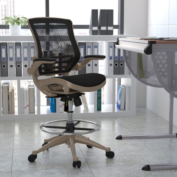 Flash Furniture Mid-Back Transparent Mesh Drafting Chair with Flip-Up Arms, Black/Gold
