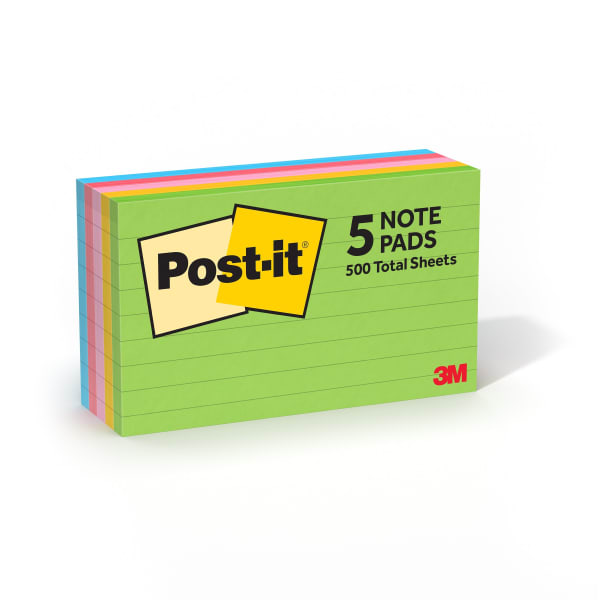 Post-it Notes, 5 Pads, 3 in x 5 in, Clean Removal, School Supplies and Office Products, Sticky Notes for Vertical Surfaces, Monitors, Walls and Windows, Floral Fantasy Collection, Lined
