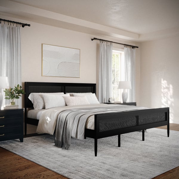 Martha Stewart Jax Solid Wood Platform Bed with Rattan Headboard and Footboard, No Box Spring Required, Black, King