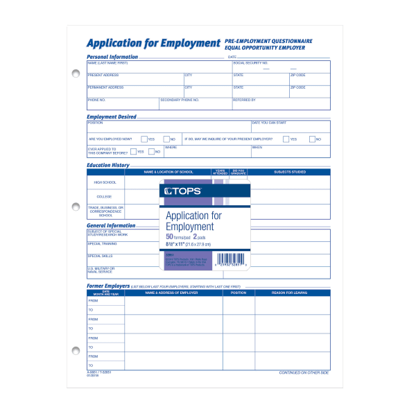 TOPS Employment Application Forms - 50 Sheet(s) - Gummed - 8.50in x 11in Sheet Size - White - White Sheet(s) - Black Print Color - 2 / Pack
