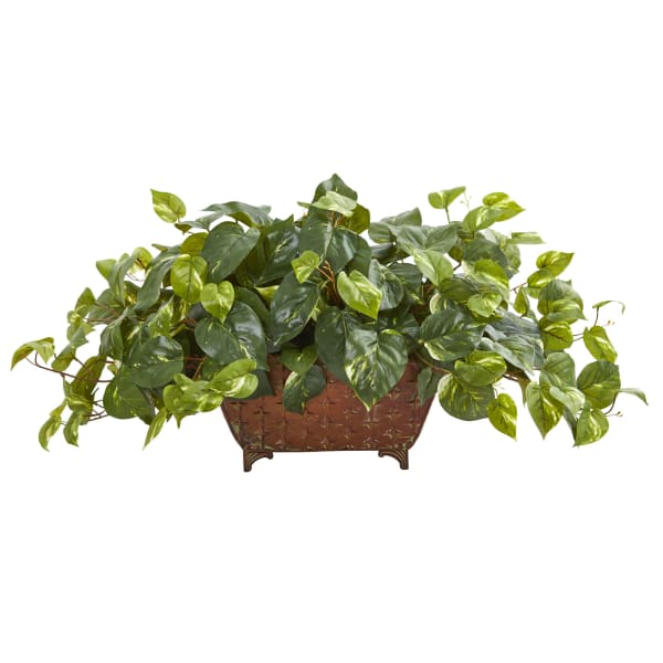 Nearly Natural Pothos 15inH Artificial Plant With Metal Planter, 15inH x 34inW x 14inD, Green
