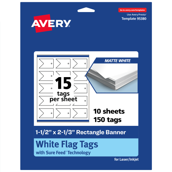 Avery Print-To-The-Edge Flag Tags With Sure Feed Technology, 1-1/2inx2-1/3in Rectangle Banner, Matte White, Pack Of 150