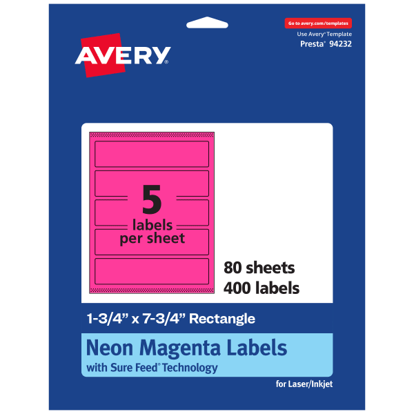 Avery Print-To-The-Edge Labels With Sure Feed Technology, 94232-NMP80, Rectangle, 1-3/4in x 7-3/4in, Matte Neon Magenta, Pack of 400