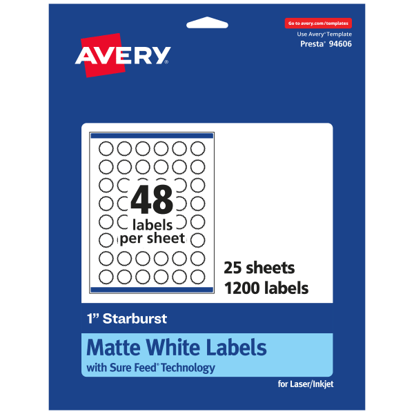 Avery Permanent Labels With Sure Feed, 94606-WMP25, Starburst, 1in, White, Pack Of 1,200