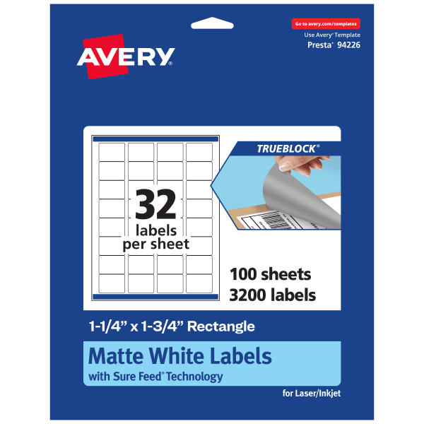 Avery TrueBlock Labels With Sure Feed, 94226-TWMP100, Rectangle, 1-1/4in x 1-3/4in, Matte White, Pack Of 3200