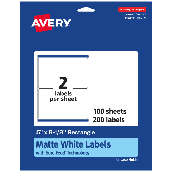 Avery Permanent Labels With Sure Feed, 94259-WMP100, Rectangle, 5in x 8-1/8in, White, Pack Of 200