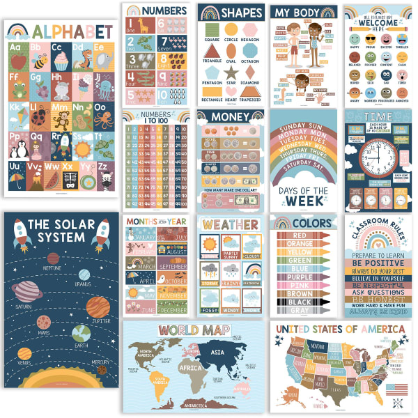 Hadley Designs Laminated Posters, Boho Preschool Educational For Toddlers, Set Of 16
