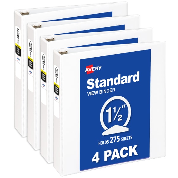 Avery Economy View 3 Ring Binders, 1-1/2in Round Rings, White, Pack Of 4