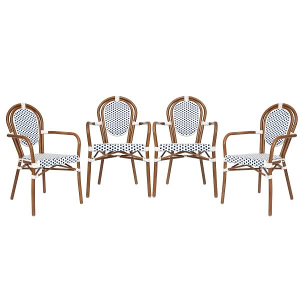 Flash Furniture 4 Pack Lourdes Indoor/Outdoor Commercial Thonet Bistro Stacking Chair with Arms, PE Rattan and Aluminum Frame, White & Navy/Natural Frame