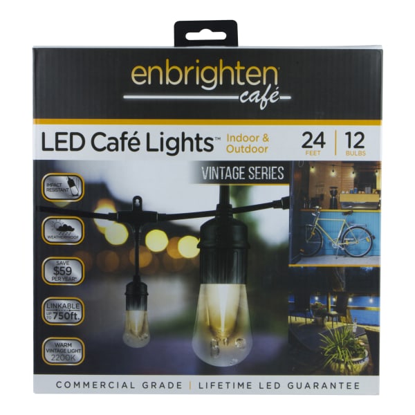 Enbrighten Vintage LED Cafe Lights, 24ft, Indoor/Outdoor, White Cord/White Lights
