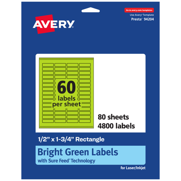 Avery Print-To-The-Edge Labels With Sure Feed Technology And Easy Peel, 94204-BGP80, Rectangle, 1/2in x 1-3/4in, Matte Bright Green, Pack of 4800