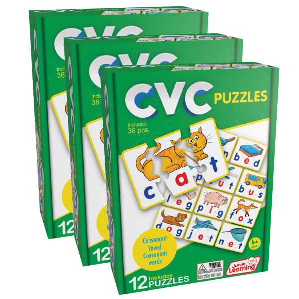 Junior Learning Puzzles, CVC, Set Of 12 Puzzles, Pack Of 3 Sets