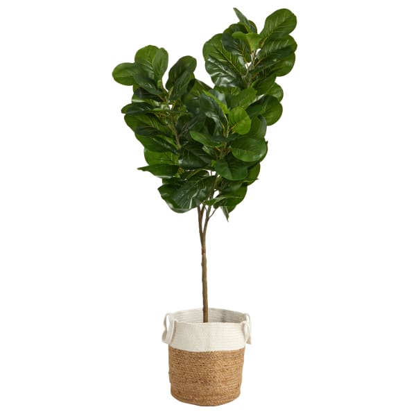 Nearly Natural Fiddle Leaf Fig 72inH Artificial Tree With Handmade Planter, 72inH x 11inW x 11inD, Green/Tan White