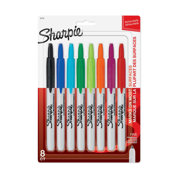 Sharpie Retractable Permanent Markers, Fine Point, Assorted Colors, Pack Of 8 Markers