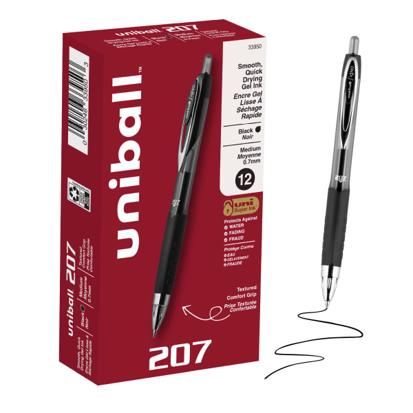 uni-ball 207 Retractable Fraud Prevention Gel Pens, Medium Point, 0.7 mm, Black Barrels, Black Ink, Pack Of 12 Pens