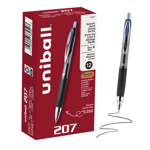 uni-ball 207 Retractable Fraud Prevention Gel Pens, Medium Point, 0.7 mm, Black Barrels, Blue Ink, Pack Of 12